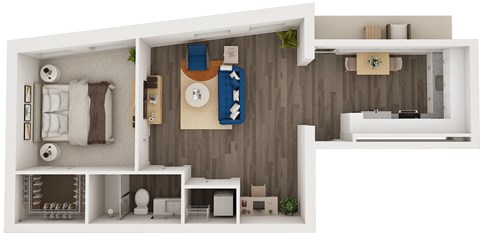 Floor plan for 1 bed, 1 bath, 869 sqft